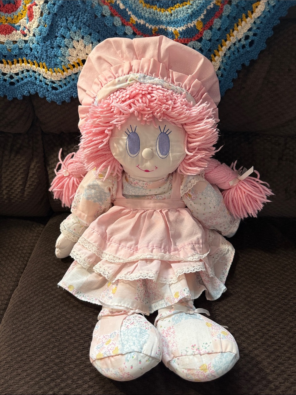 Vintage 1980s Plush Doll 1989 Designer Dolls Pastel Pink Rag Doll Yarn Rare